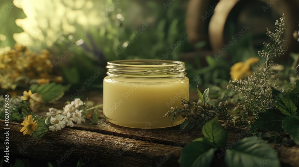 A close-up of a herbal salve in a glass jar, set against a backdrop of herbs and natural materials A close-up of a herbal salve in a glass jar, set against a backdrop of herbs and natural materials
