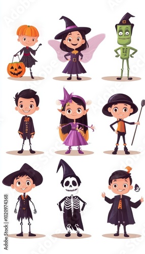 Cartoon Children Dressed in Various Halloween Costumes