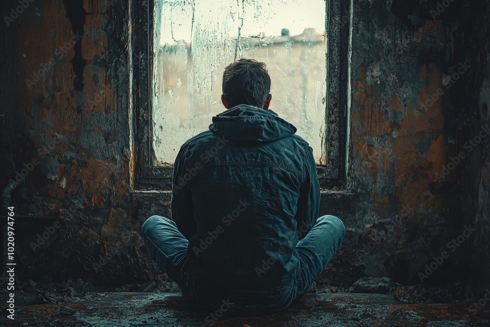 A person sitting by a rainy window, reflecting in an abandoned room, evoking feelings of solitude and contemplation. A person sitting by a rainy window, reflecting in an abandoned room, evoking feelings of solitude and contemplation.