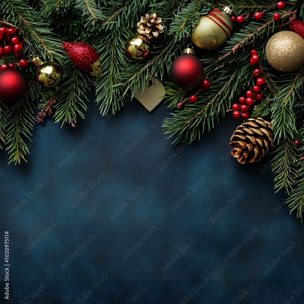 Christmas pine branches with red ornaments on dark background, festive holiday decor. Christmas pine branches with red ornaments on dark background, festive holiday decor.