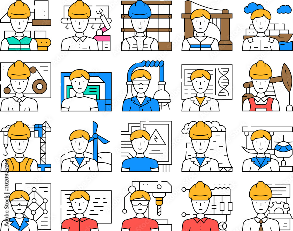 engineer worker man construction icons set vector. helmet professional, work person, industry builder, people job, architect business engineer worker man construction color Contour Illustrations engineer worker man construction icons set vector. helmet professional, work person, industry builder, people job, architect business engineer worker man construction color Contour Illustrations