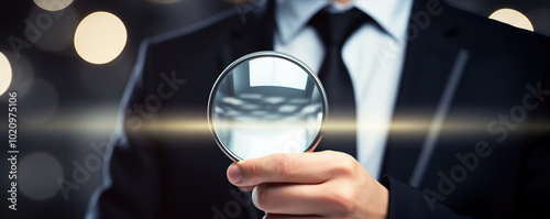 A person in a suit examines details closely with a magnifying glass under dramatic lighting at a creative workspace photo