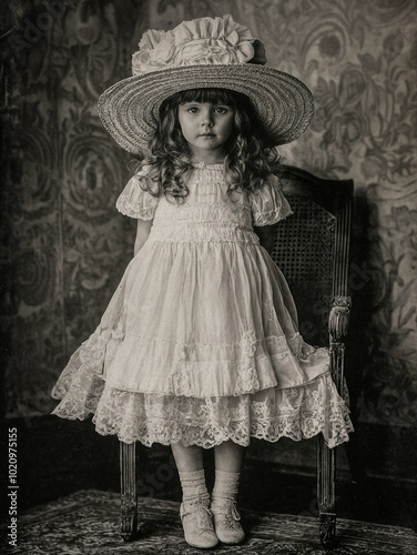 Vintage black and white photo of a girl wearing a white dress and a big hat.	