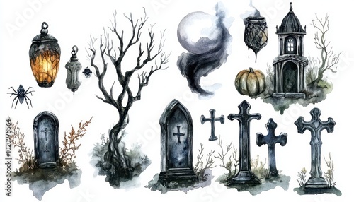 Watercolor Illustration of Various Halloween Elements