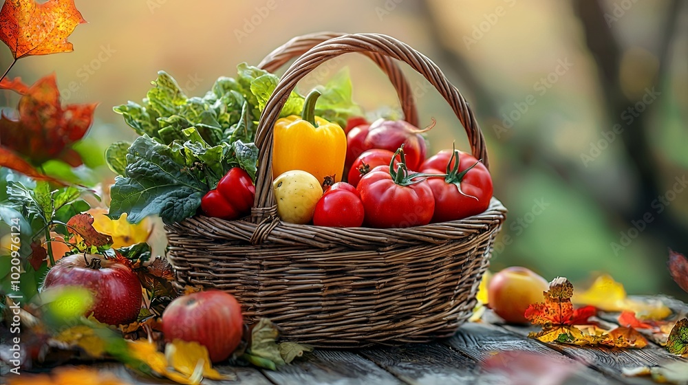 A wicker basket brimming with vibrant vegetables, including tomatoes, lettuce, and a yellow bell pepper, set on a rustic table surrounded by autumn leaves. A wicker basket brimming with vibrant vegetables, including tomatoes, lettuce, and a yellow bell pepper, set on a rustic table surrounded by autumn leaves.