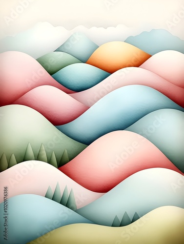 Tranquil Abstract Pastel Watercolor Landscape with Harmonious Shapes and Soft Color Gradients Undulating pastel forms in gentle gradients of pale blues pinks and greens