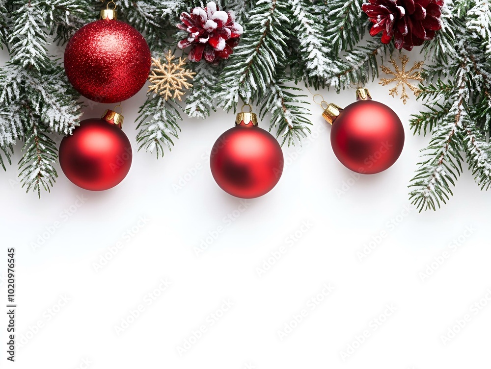Christmas border of red ornaments and pine branches with snow on white background. Christmas border of red ornaments and pine branches with snow on white background.