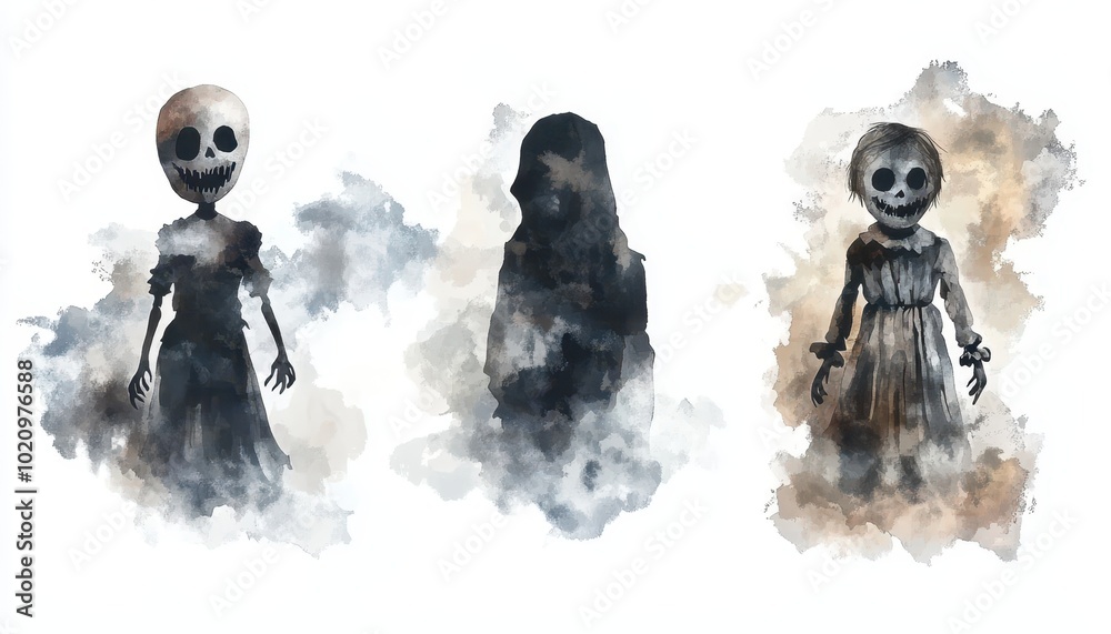Obraz premium Three Ghostly Figures in Watercolor Clouds