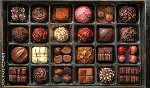 Top View of a Box of Assorted Gourmet Chocolates Featuring a Variety of Shapes, Flavors, and Textures, Showcasing Luxury and Decadence in Confectionery