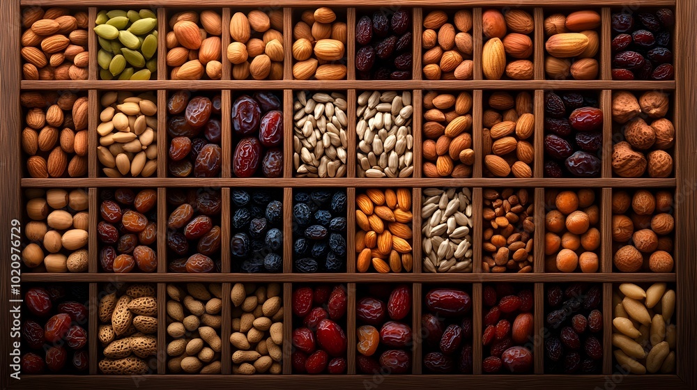 Overflowing Wooden Basket Showcasing Abundant Assortment of Diverse Nuts Seeds and Dried Fruits Artfully Arranged in a Visually Striking Organic Display with a Variety of Shapes Sizes and Rich Overflowing Wooden Basket Showcasing Abundant Assortment of Diverse Nuts Seeds and Dried Fruits Artfully Arranged in a Visually Striking Organic Display with a Variety of Shapes Sizes and Rich