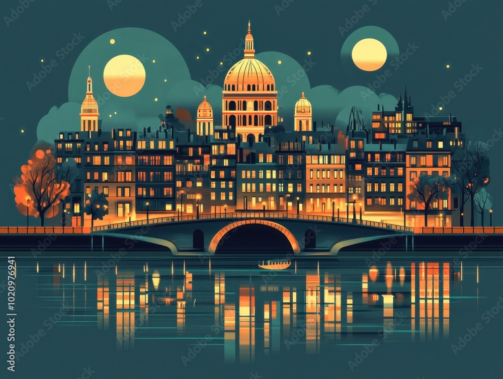 Fototapeta premium Flat Illustration of Paris with Riverside Cafes and Historic Architecture