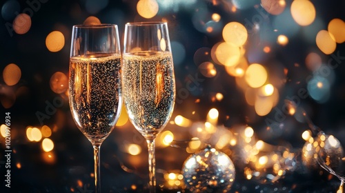 Champagne glasses with golden bokeh for festive celebration