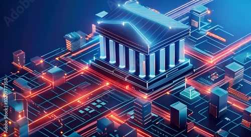 Digital Finance: Futuristic Bank Building and Data Network