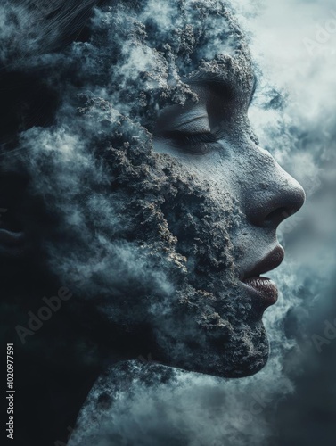 A surreal portrait blending facial features with swirling clouds, creating a dreamlike atmosphere of mystery and beauty.