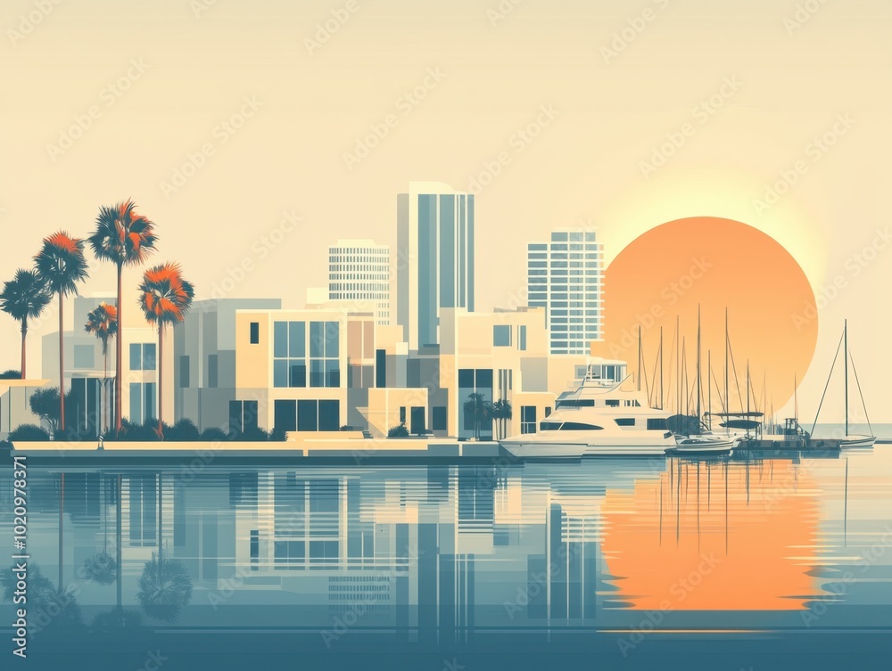 Flat Illustration of Long Beach with Waterfront Skyline and Marina