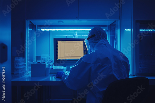 Scientist in Protective Clothes Conducting Research on Computer in Modern Laboratory Manufactory Producing Semiconductors and Pharmaceutical Products