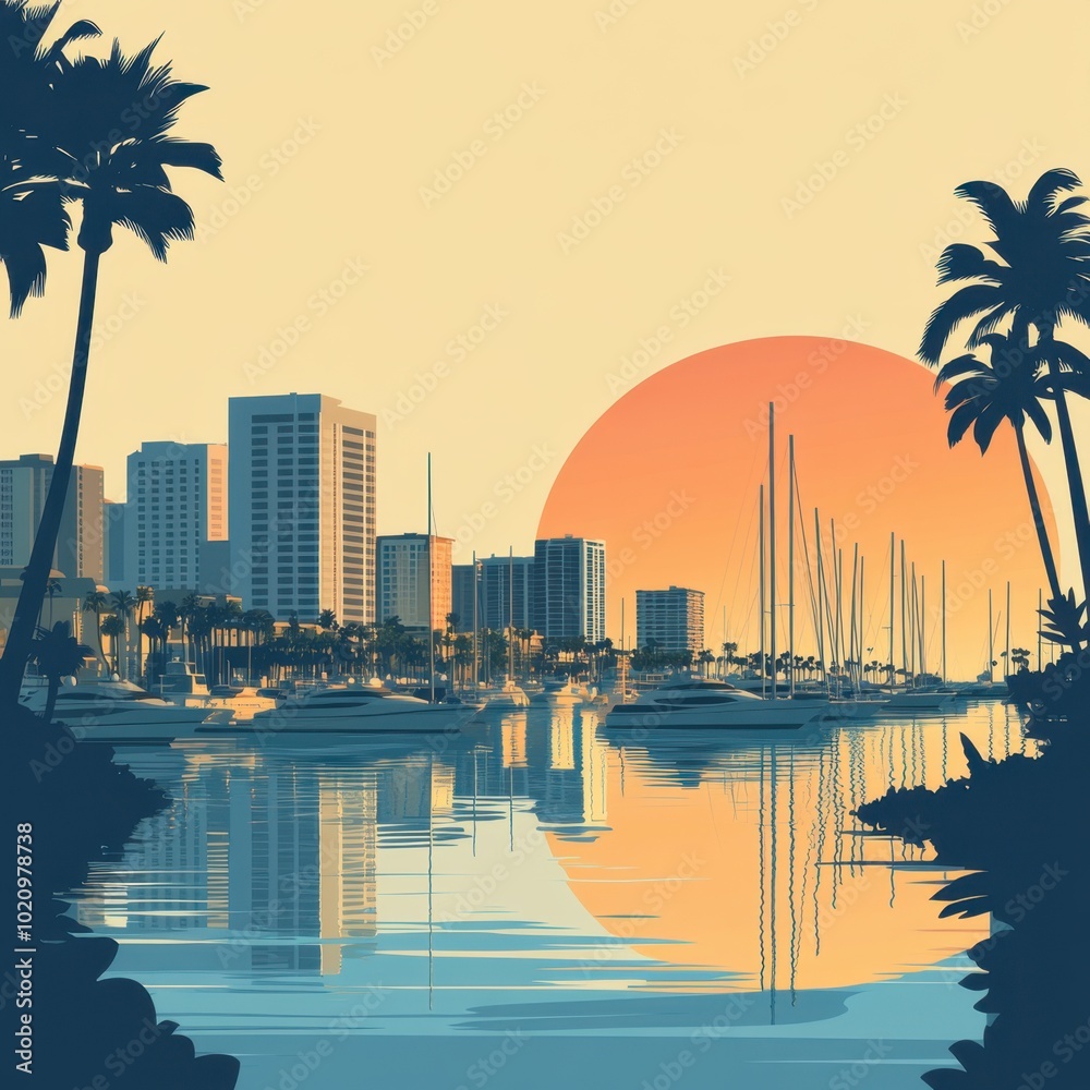 Flat Illustration of Long Beach with Waterfront Skyline and Marina