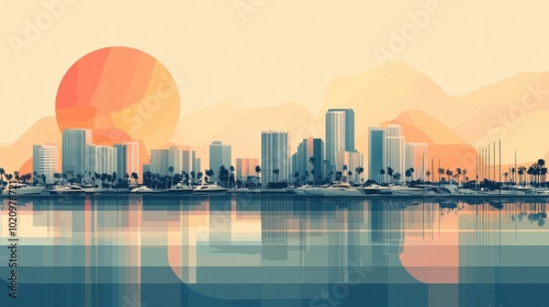 Flat Illustration of Long Beach with Waterfront Skyline and Marina


