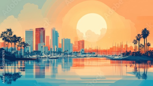 Flat Illustration of Long Beach with Waterfront Skyline and Marina


