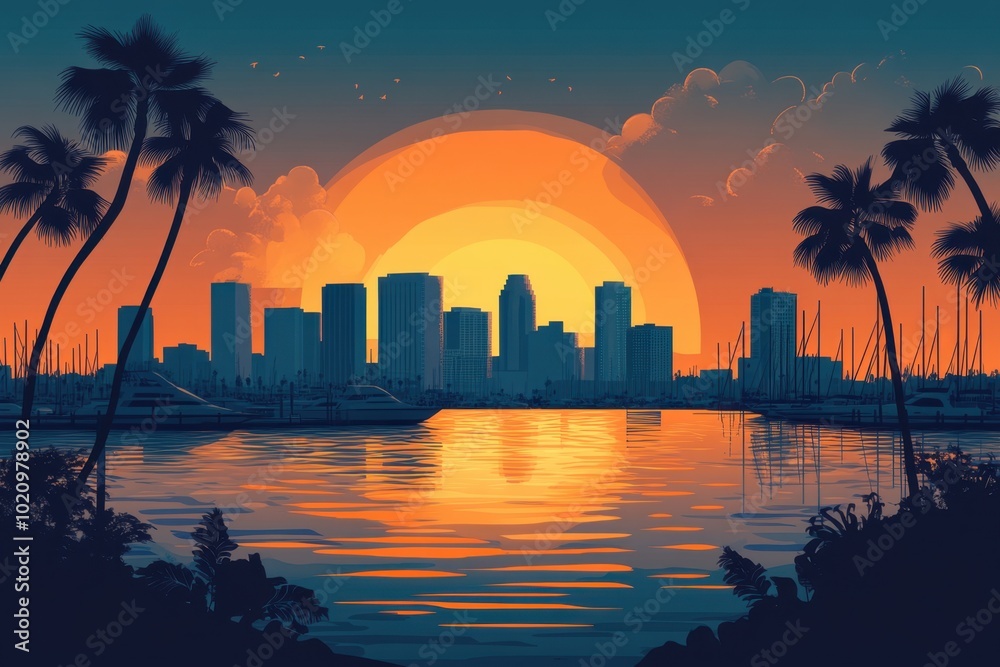 Flat Illustration of Long Beach with Waterfront Skyline and Marina