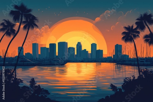 Obraz na płótnie Flat Illustration of Long Beach with Waterfront Skyline and Marina
w salonie