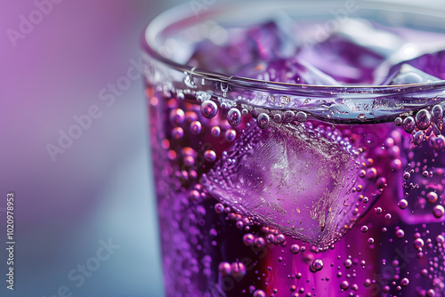 purple carbonated drink with ice cubes close-up, selective focus