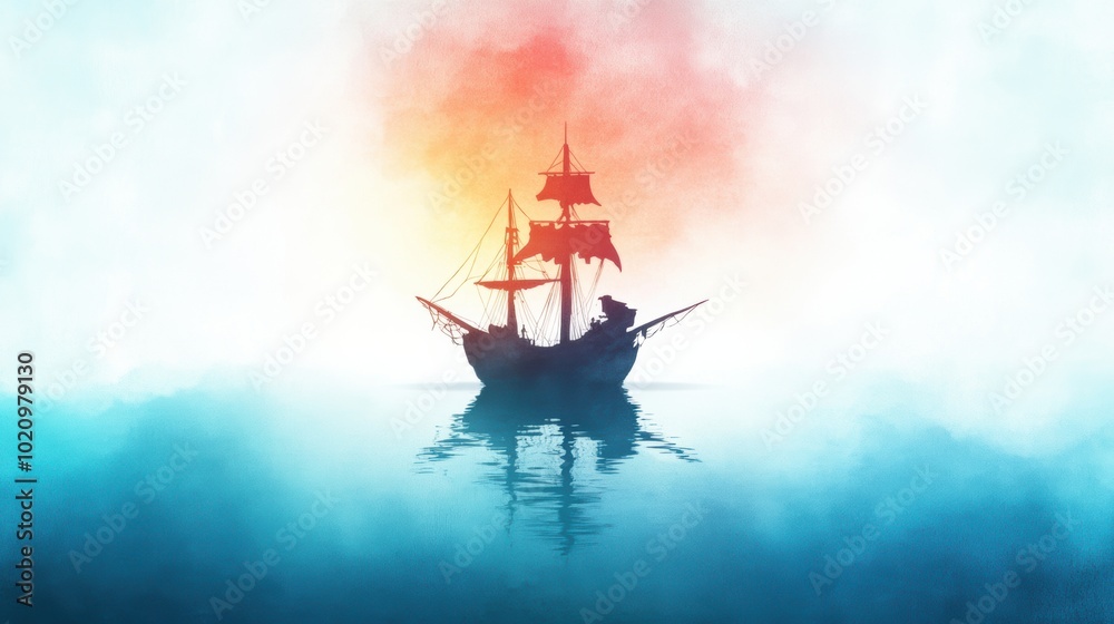 Obraz premium Majestic Sailboat Navigating Serene Oceanic Horizon at Dramatic Sunset or Sunrise