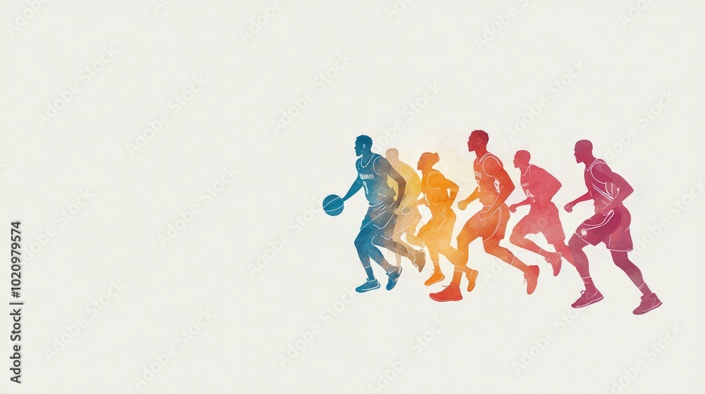 Dynamic Watercolor Painting of Synchronized Basketball Team Passing Ball in Motion Dynamic Watercolor Painting of Synchronized Basketball Team Passing Ball in Motion
