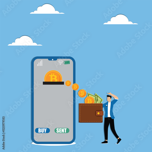 Businessman pointing at bitcoin on mobile phone