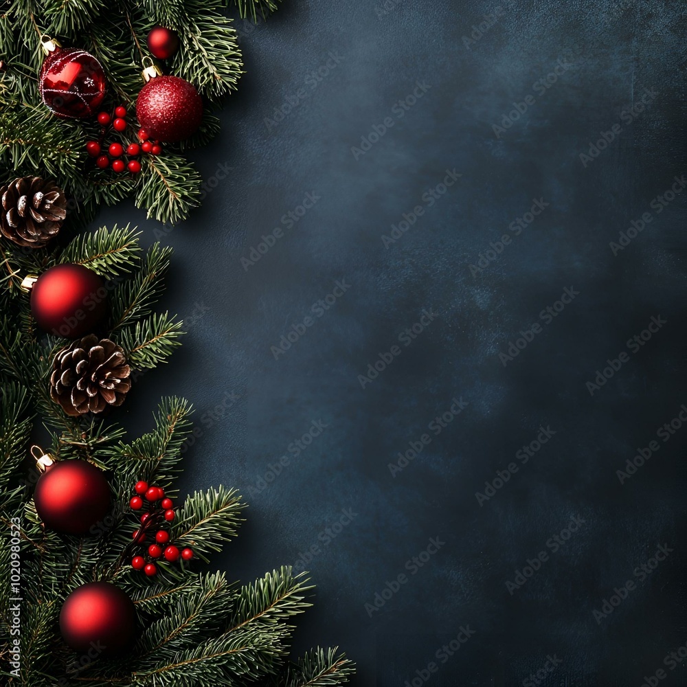 Christmas pine branches with red ornaments on dark background, festive holiday decor. Christmas pine branches with red ornaments on dark background, festive holiday decor.