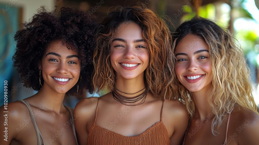 Three smiling women with vibrant hair showcase joy and friendship in a sunny, tropical setting. Three smiling women with vibrant hair showcase joy and friendship in a sunny, tropical setting.