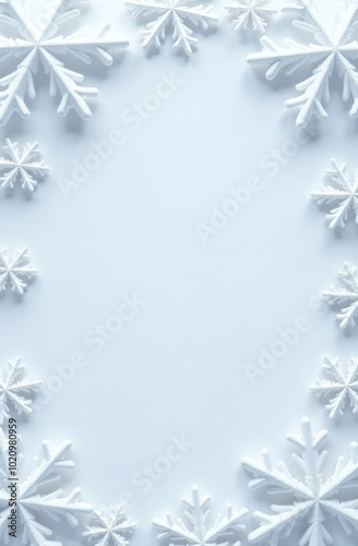 White snowflakes forming a decorative border on a clean white background, winter-themed illustration with copy space, vertical
winter holidays, snowflake decoration, holiday greeting