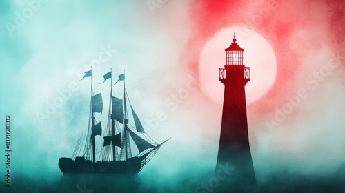 Wallpaper Mural Majestic Sailing Ship Approaching Dramatic Red Lighthouse in Stormy Seascape Torontodigital.ca