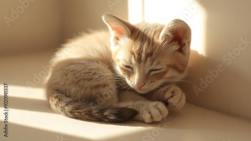 Sleeping Kitten in Sunlight: A soft, serene image of a kitten curled up and sleeping in a sunbeam, Ai Generator.