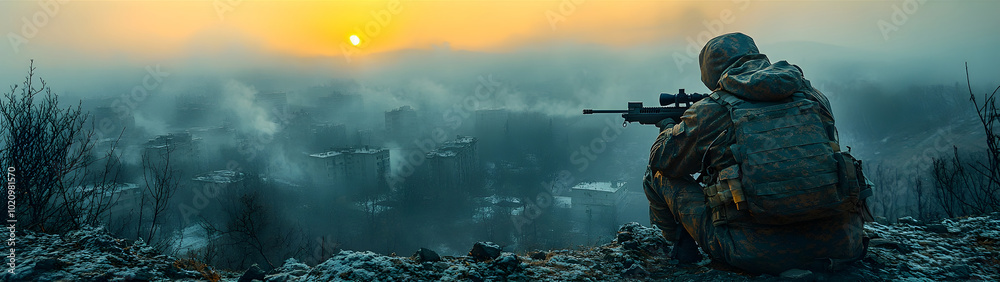 A skilled sniper takes aim from a concealed vantage point,vigilantly surveying the unfolding carnage and chaos of the battlefield below. A skilled sniper takes aim from a concealed vantage point,vigilantly surveying the unfolding carnage and chaos of the battlefield below.