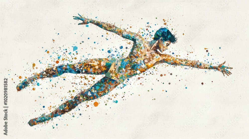Fototapeta premium Fluid Grace: Gymnast Balancing on Beam in Watercolor Style with Focused Expression and Elegant Movements
