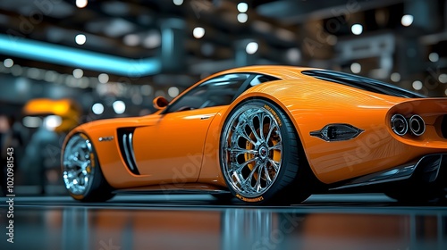 Gleaming orange sports car with chrome accented wheel design precision engineering and sleek aerodynamic silhouette on display at a high end futuristic automotive exhibition with cinematic lighting