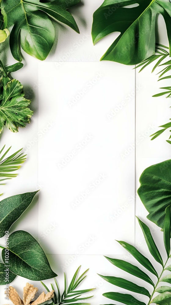 Tropical green leaves border on white background with copy space. Tropical green leaves border on white background with copy space.