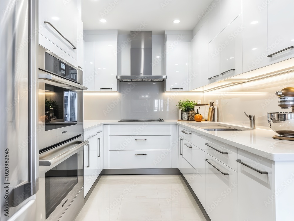 Modern white kitchen with stainless steel appliances. Modern white kitchen with stainless steel appliances.
