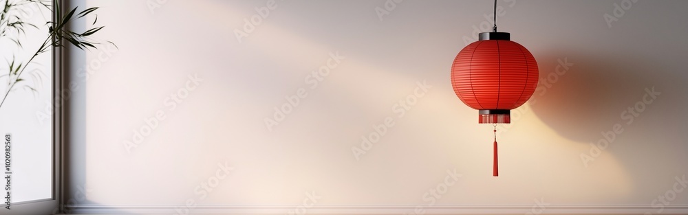 Obraz premium Traditional Red Chinese Lantern Casting Simple White Background, Oriental Culture 