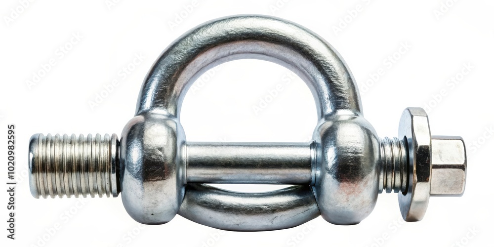 A shiny metal eye bolt with a threaded shaft, a large washer, and a hexagonal nut for securing and connecting objects. A shiny metal eye bolt with a threaded shaft, a large washer, and a hexagonal nut for securing and connecting objects.