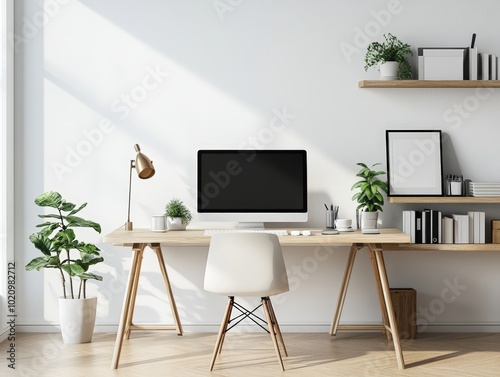 Minimalist home office with wooden desk and chair.