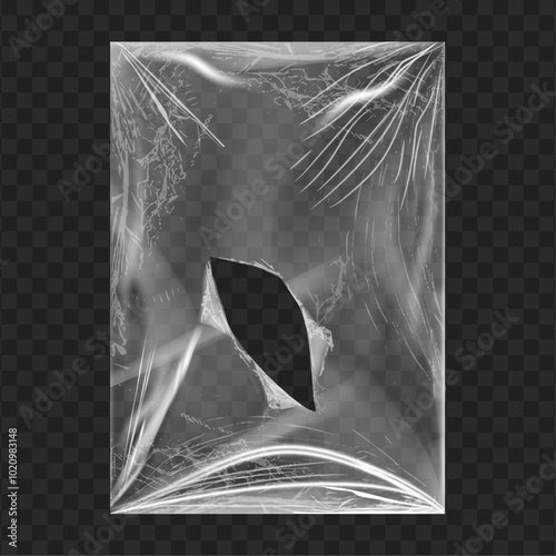 Cover polyethylene packaging with wrinkled and torn effect. Vector isolated realistic translucent old plastic wrapping or package. Peeled off from product or food. Mockup template for goods