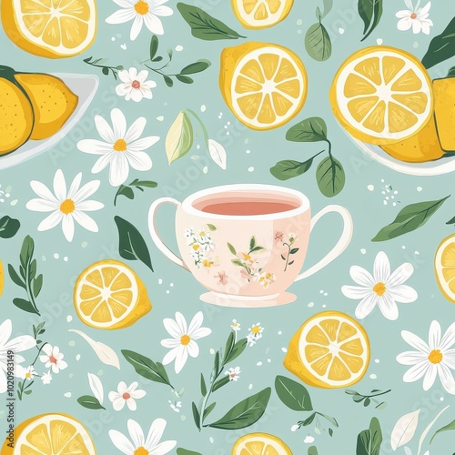 Cute pastel pattern with lemons, teacups, daisies, lemon blossoms, herbs