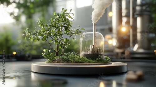 Netzero emission industrial complex, surrounded by greenery, 3D illustration