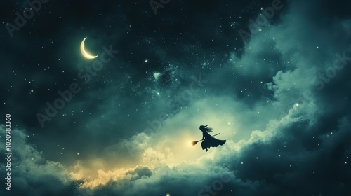 A captivating scene depicting a witch flying through a dark, atmospheric sky filled with clouds and a crescent moon, perfect for Halloween-themed projects.