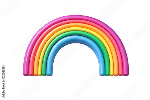 Colorful, cartoon-style rainbow with bright bands against a white background.