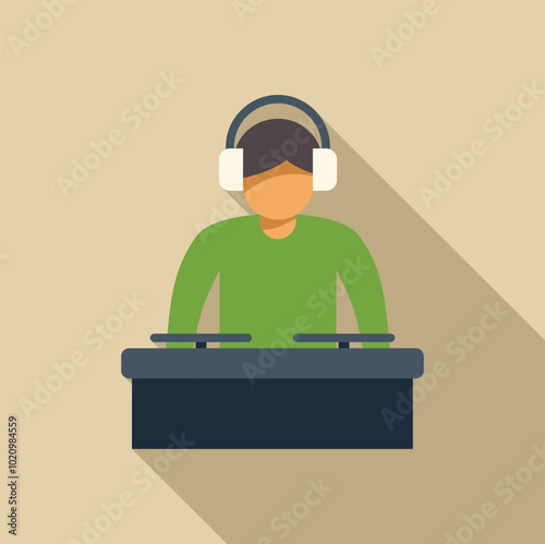 Male disc jockey wearing headphones is playing music on turntables