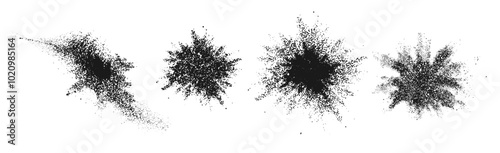 Spray grunge powder dots, paint or brush stroke with burst or explosion effect. Vector isolated splashing texture with grains and noise. Sand or dirt, stipple brushed shapes, rounded forms