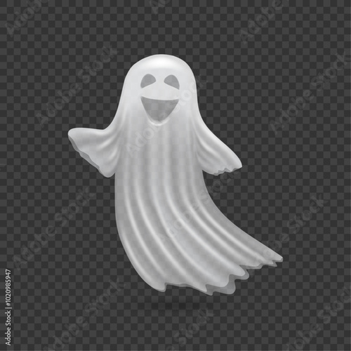 Halloween ghost character laughing and smiling. Vector apparition or poltergeist, spirit from haunted house frightening. Horror supernatural personage on transparent background